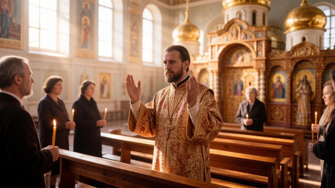 Священник ведет службу в честь Трифона и Пелагеи в православном храме.